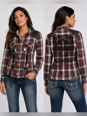 Affliction Plaid Western Snap Button Graphic Shirt Women's L